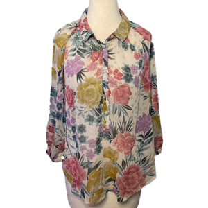 Joe Fresh Sheer Floral 3/4 Sleeve Blouse Pink Green M